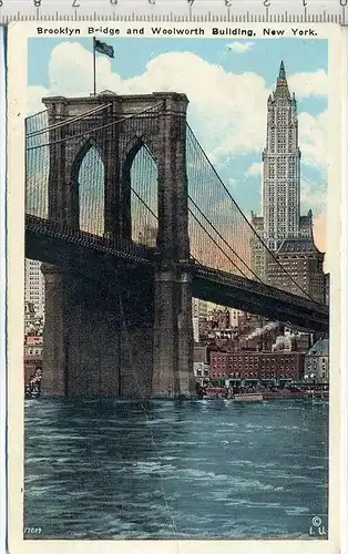 Brooklyn Bridge and Woolworth Building, New York,  Verlag: Irving Underhill, Postkarte,  Erhaltung: I –II