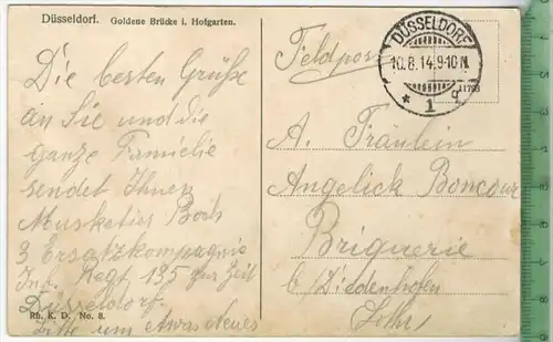 Düsseldorf. Goldene Brücke i. Hofgarten, 1914, Verlag:-- ,  Postkarte, Frankatur,  Stempel,  DÜSSELDORF