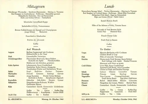 Menü-Karte, D. BREMEN, Montag, 24. Oktober 1960, Mittagessen,  Zustand: I-II, minim. Altersspuren