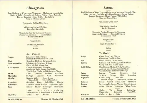 Menü-Karte, D. BREMEN, Dienstag, 25. Oktober 1960,  Mittagessen, Zustand: I-II, minim. Altersspuren
