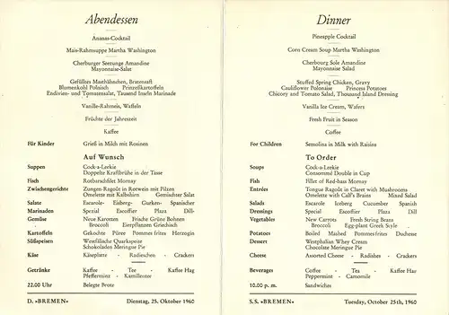Menü-Karte, D. BREMEN, Dienstag, 25. Oktober 1960, Abendessen, Zustand: I-II, minim. Altersspuren
