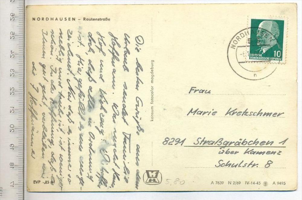 Nordhausen Rautenstrasse Um 1960 70 Verlag Konsum Fotocolor Mgdb Postkarte Mit Frankatur Mit Stempel Nordhausen Nr Oldthing A