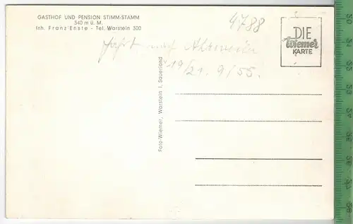 Warstein, Gasthof und Pension Stimm-Stamm 19./21.9.55, Verlag: Wiemer, Warstein, POSTKARTE, Erhaltung: I-II,