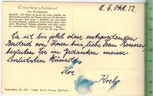 Luisenburg- am Bundesstein, 1952, Verlag: Erwin Thomas, Hof-Saale,  Postkarte ohne Frankatur, ohne Stempel,  9 .10.1952