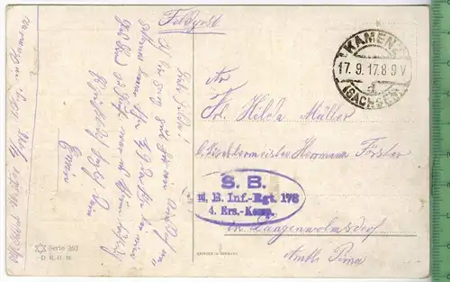 Pfauenpaar 1917, Verlag: D.R.G.M. Serie 263. FELD-POST KARTE ohne Frankatur,  mit Stempel, KAMENZ 17.9.17