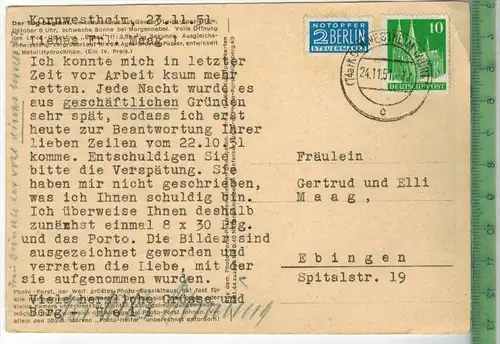 Der Tag beginnt, Laicaaufnahme-1951-Verlag :----------, POSTKARTE  mit Frankatur,  mit Stempel, 24.11.51