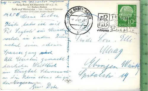 Burg-Ruine - Alt-Eberstein, Württ.-1956-Graf Eberstein, Ludwig Uhland, Verlag:--------,  POSTKARTE  mit Frankatur