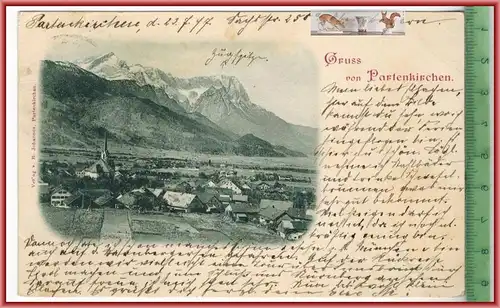 Gruß von Partenkirchen-1897- Verlag: B. Johannes, Partenkirchen,  POSTKARTE mit Frankatur, mit Stempel, PARTENKIRCHE