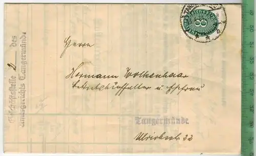 Geschäftsstelle 2  des Amtsgerichts Tangermünde, 13.4.34, Zustellbrief, Maße: 15 x 9,5 cm, Stempel, Dienstmarke