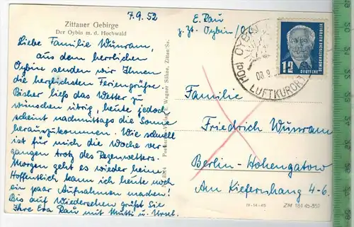 Der Oybin m. d. Hochwald 1952, Verlag: E. Wagner Söhne, Zuttau,- POSTKARTE, Bedarfspost, W. Pieck Minr.323, KW.