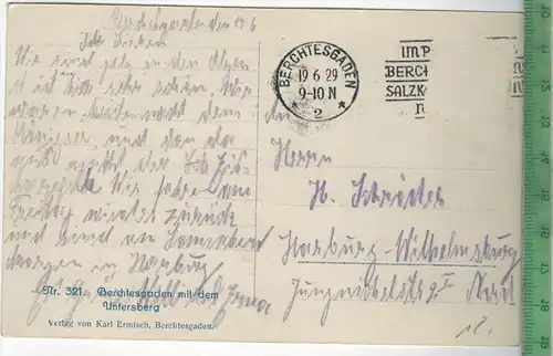 Berchtesgaden mit dem Untersberg  Nr.321.- 1929, Verlag: Karl Ermisch, Berchtesgaden, POSTKARTE ohne Frankatur,