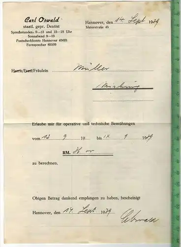 Rechnung 14.Sept. 1939, Zahnarzt, seltenes Angebot, Zustand. I-II