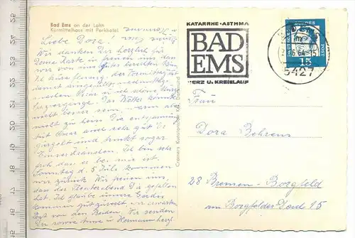 Bad Ems an der Lahn, um 1960/70 Verlag: Cramers Kunstanstalt Dortmund, Postkarte mit Frankatur, mit Stempel, Bad Ems, 20