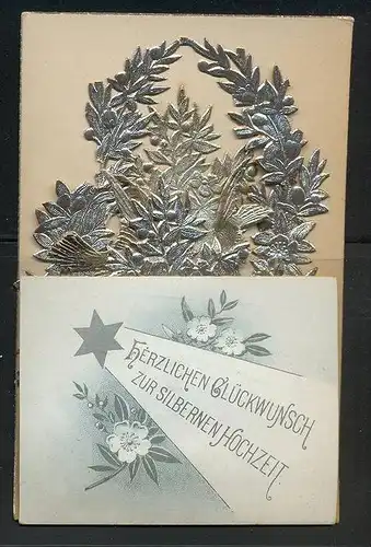 15 Juni 1894-, Herzlichen Glückwunsch zur silbernen Hochzeit,  Faltkarte mit Silberdekoration bestückt.