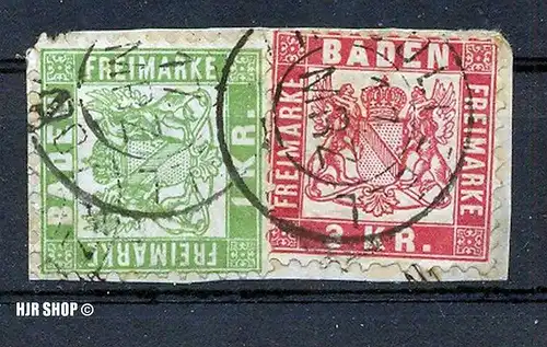 1868, 1. Okt. Freimarken: Wappen, Minr.23,24, 1 KR. 3 KR., gest. auf Briefstück