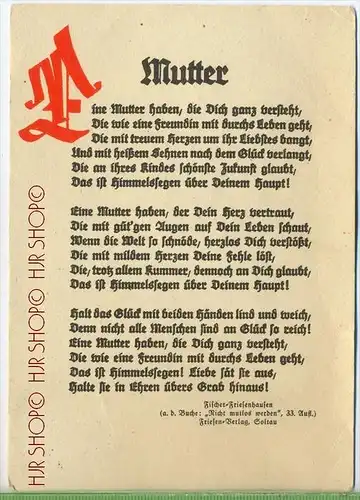 Gedicht, Mutter um 1940/1950, Verlag: Friesen-Verlag, Soltau Postkarte,  mit Frankatur, mit Stempel ,ZEITZ 19.5.44