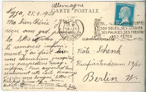 Eze, Verlag: Rostan et Munier, Nice, Postkarte mit Frankatur  und Stempel, NICE 26.IV.1926, MIT BEFÖRDERUNGSSPUREN