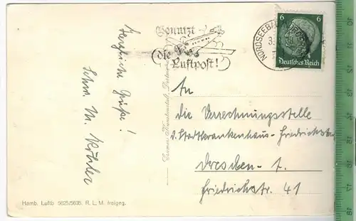 Norderney, Nordseebad,  Verlag: Hamb. Luftb., R.L.M. freigeg. , Postkarte mit Frankatur und Stempel,