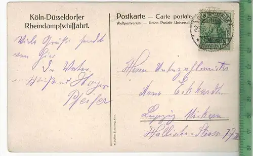 Köln-Düsseldorfer Rheindampfschiffahrt, 1913, Verlag: M. Dumont Schauberg, Köln, POSTKARTE, Frankatur,  Stempel