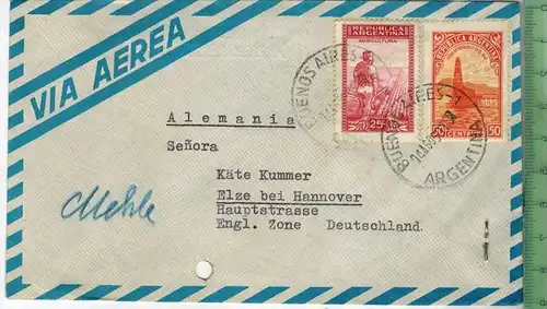 Brief, Buenes Aires nach  Elze bei Hannover 1947, mit Frankatur und Stempel,  Umschlag ohne Inhalt, Zustand: I-II
