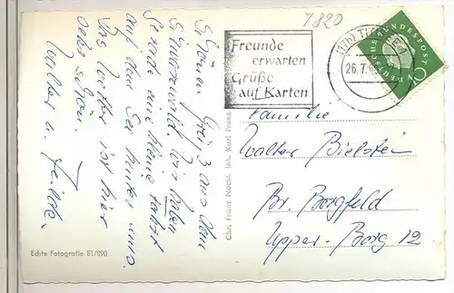 Titisee - Schwarzwald – mit Feldberg,  um 1960 Verlag: Inh. Karl Franz, Postkarte mit Frankatur, mit Stempel, Titisee, 2