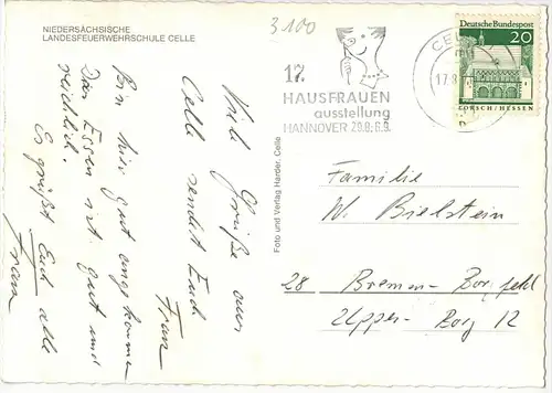 Celle, Niedersächsische-Landesfeuerwehrschule um 1960/1970, Verlag: Harder, Celle ,  POSTKARTE,  mit Frankatur,