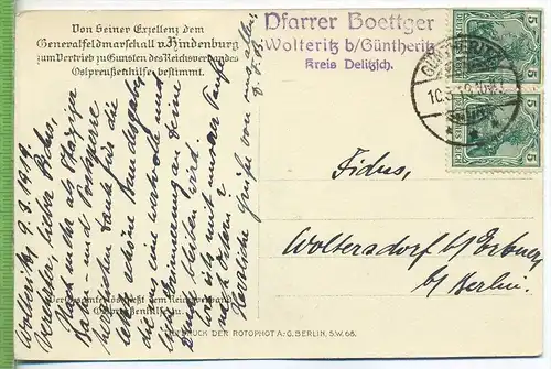Hindenburg, Ostpreußenhilfe um 1910/1920 Verlag:  Rotophot A.-G. Berlin, Postkarte mit Frankatur, mit Stempel ,