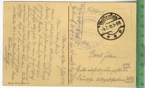 Jena. Paradies und Saalepartie -1918 -Verlag: Ottmar Zieher, München,   FELD- Postkarte, ohne Frankatur, mit StempeL