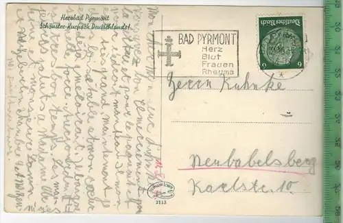 Bad Pyrmont, Schloß 1937, Verlag:--------------,  Postkarte, Frankatur,  Stempel,  BAD PYRMONT 1012.37