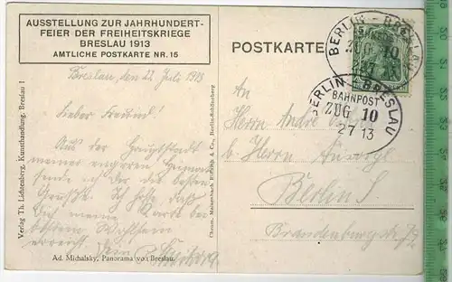 Breslau 1913, Verlag: Th. Lichtenberg, Breslau,  Postkarte, Amtliche Postkarte Nr. 15, Frankatur,  Stempel,