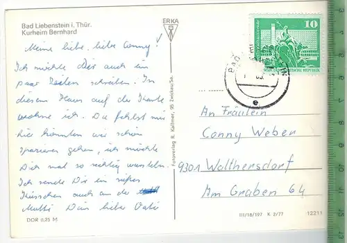 Bad Liebenstein, Kurheim Bernhard, Verlag:--- , Postkarte Frankatur,  Stempel,   Maße:14,5  x 10 cm, Erhaltung: I-II,