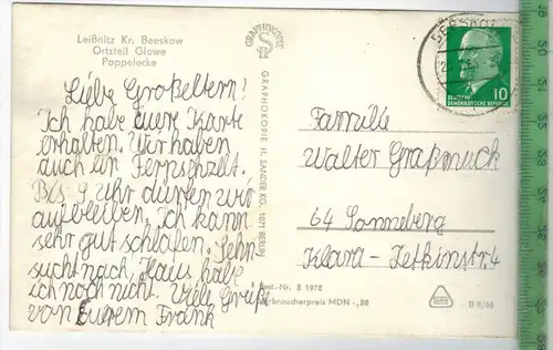 Leißnitz Kr. Beeskow, Glowe-Pappelecke -1965-, Verlag : H. Sander KG, Berlin, POSTKARTE mit Frankatur, mit Stempel,