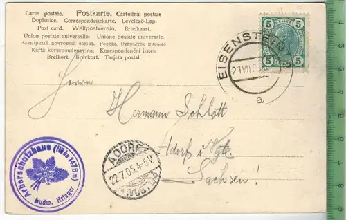 Eisenstein mit Arber 1905, Verlag: Weltpostverein,   POSTKARTE-mit Frankatur, mit  Stempel, EISENSTEIN 21.VII.05