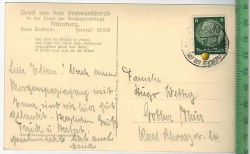 Nürnberg, Bratwurstherzl-Albrecht Dürer-Zimmer 1940-, Verlag: Andro, Nürnberg, POSTKARTE-, mit Frankatur, mit  Stempel,