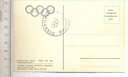 Olympisches Dorf, Döberitz, Blick auf das Empfangsgebäude, Verlag: Reichssportverl. Berlin, Postkarte  mit Stempel