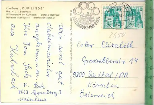 Willmersreuth, Gasthaus zur Linde um 1970/1980, Verlag: Münch-Druck, Bayreuth, Postkarte mit Frankatur, mit Stempel,