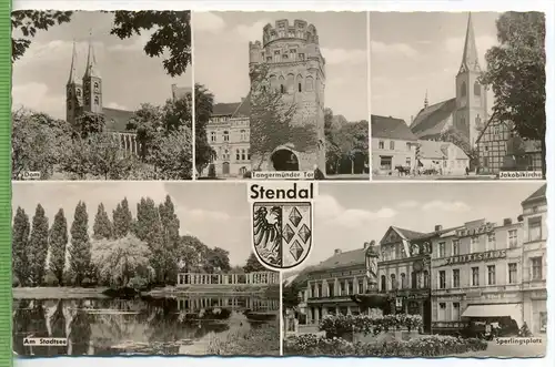 Stendal, fünf Felderkarte um 1960/1970 Verlag: VEB Bild und Heimat, POSTKARTE mit Frankatur, mit Stempel, STENDAL, 25.11