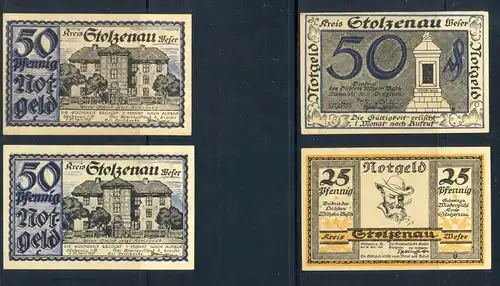 Kreis Stolzenau Weser- Notgeldscheine, kassenfrisch, 1921 1x 25 Pf.,-30.34.1921, 3x 50 Pf., 30.4.1921,