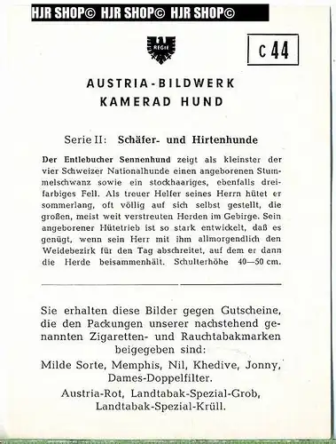 Der Entlebucher Sennenhund, c 44 Austria-Bildwerk, Kamerad Hund, Serie II: Schäfer und Hirtenhunde.