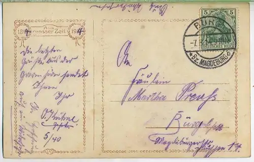 Postkarte:  Rückkehr gelaufen, Burg, 7.08.1914