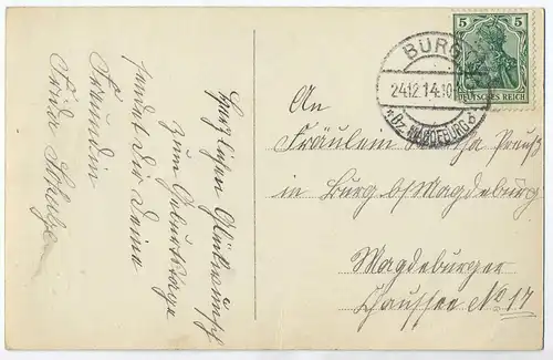 Postkarte:  Herzlichen Glückwunsch gelaufen, Burg-Magdeburg, 24.12.1914