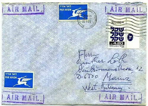 Luftpost-Brief, 22.09.1981, Rishon Lezion – Mainz,