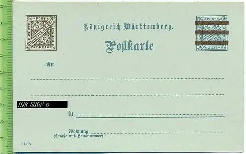 Postkarte, K. Württ. Amtlicher Verkehr,  ungel. postfrisch, drei Pfennig