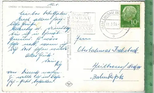 Lindau im Bodensee-Hafeneinfahrt 1959, Verlag: --------, POSTKARTE, Frankatur,  Stempel, LINDAU 11.3.59