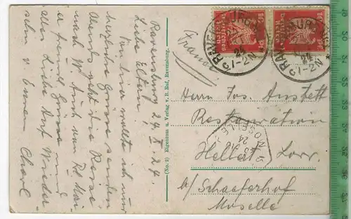 Gruß aus Weingarten, 1924, Verlag: -------, POSTKARTE, Frankatur,  Stempel, RAVENSBURG Nr.1, 24.OKT.24, Erhaltung: I-II,