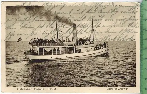 Ostseebad Dahme, Dampfer Möwe, 1925, Verlag:  Julius Simonsen, Postkarte mit  Frankatur, mit Stempel,