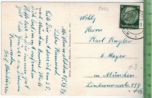 Mittenwald, Straßenpartie mit Viererspitze -1939-, Ottmar Zieher, München, POSTKARTE  mit Frankatur, mit Stempel,