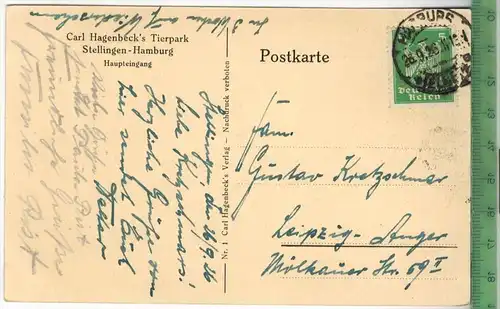 Hamburg, Tierpark, Haupteingang -1926 -Verlag:  Carl Hagenbeck`s,  Postkarte, mit Frankatur, mit Stempel HAMBURG