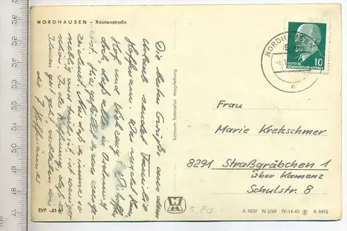 Nordhausen - Rautenstraße, um 1960/70, Verlag: Konsum Fotocolor Mgdb., Postkarte mit Frankatur, mit Stempel, Nordhausen