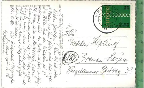 Bickenbach, um 1970/1980, Verlag: Luftbild KG, Hamburg, Postkarte mit Frankatur, mit Stempel, BICKENBACH  27.7.71